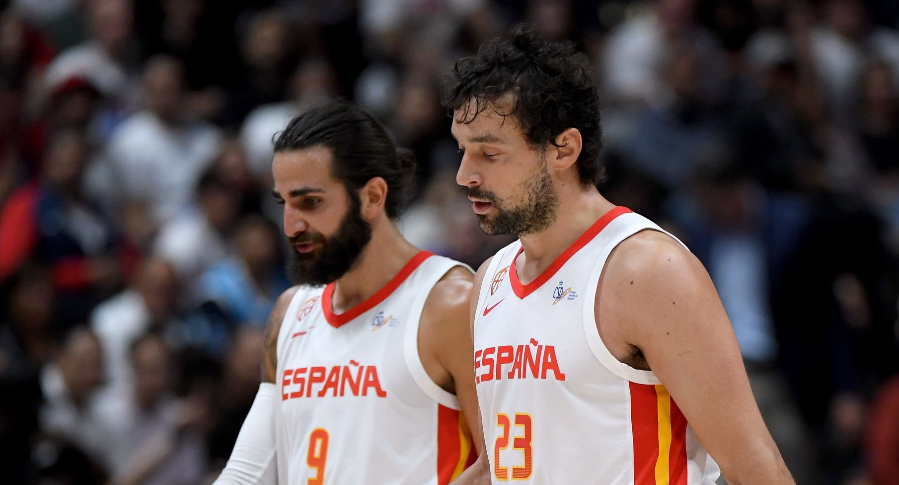 ANAHEIM, CALIFORNIA - AUGUST 16:  Sergio Llull #23 and Ricky Rubio #9 react as the leave the court after a timeout trailing the United States in the fourth quarter in a 90-81 USA win during an exhibition game at Honda Center on August 16, 2019 in Anaheim, California. (Photo by Harry How/Getty Images)